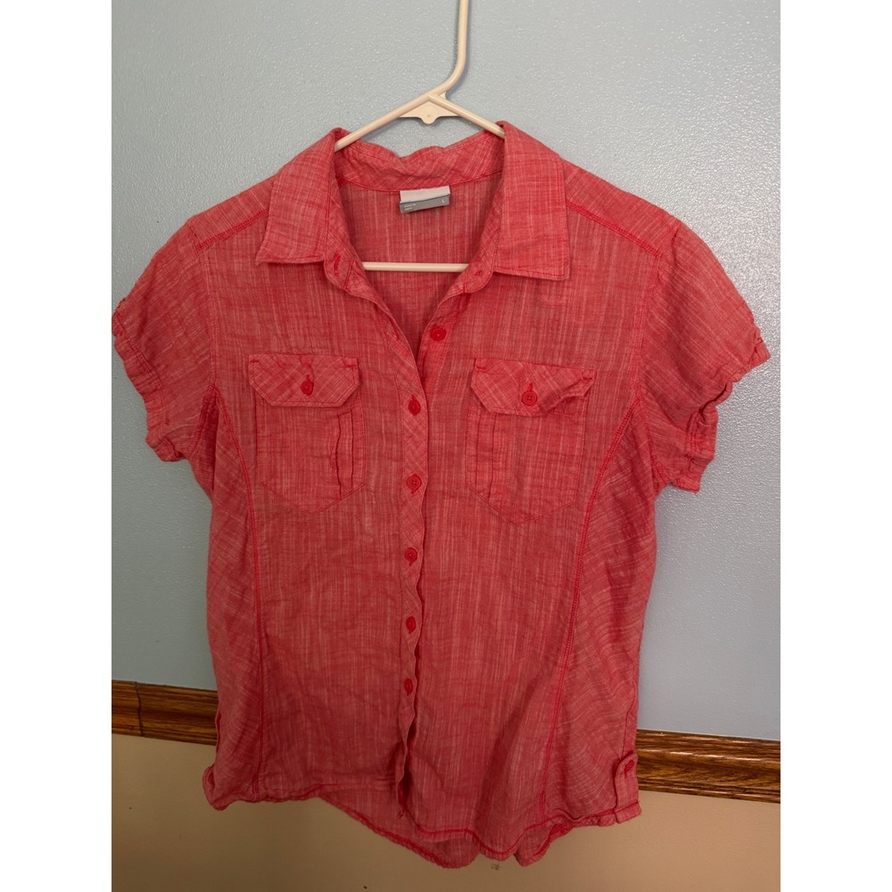 Columbia Sportswear Womens Large Coral Pink Cotton Short Sleeve Button Down